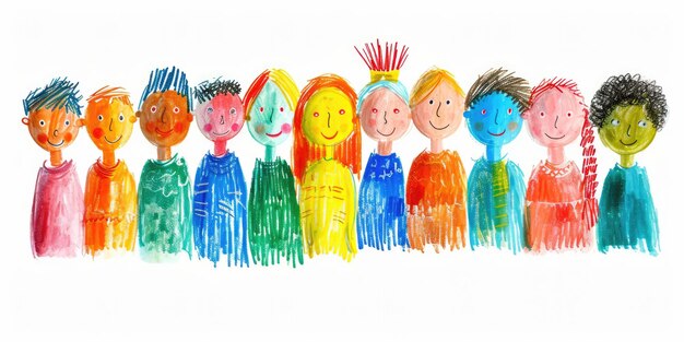 AI generativa Arte disegnata a matita da bambini ingenui che illustrano diverse persone multietniche