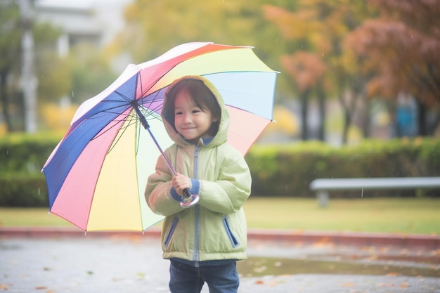 AI generativa bambina felice con ombrello arcobaleno multicolore sulla natura nel parco