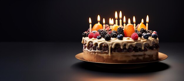 AI generativa Bellissima torta di compleanno con banner di frutta e candele per le congratulazioni