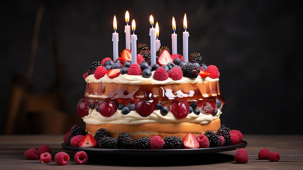 AI generativa Bellissima torta di compleanno con banner di frutta e candele per le congratulazioni