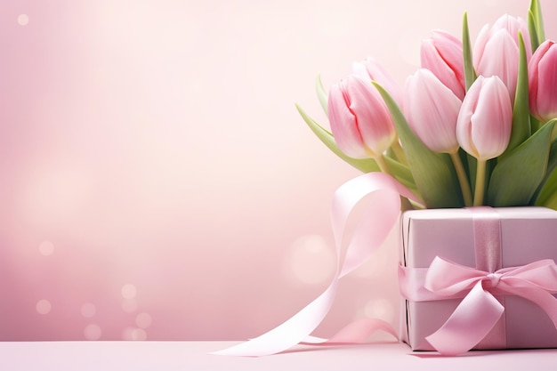 Ai generativa Bouquet di tulipani e confezione regalo su sfondo rosa