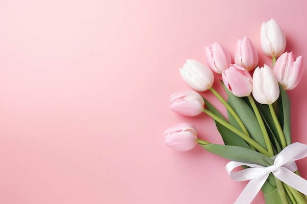 Ai generativa Bouquet di tulipani e confezione regalo su sfondo rosa