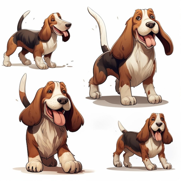 AI generativa Cane Basset Hound dettagliato in un set di illustrazioni Cane in diverse pose