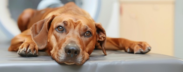 AI generativa Cane sul tavolo della clinica veterinaria durante l'esame di risonanza magnetica in un ospedale di chirurgia veterinaria