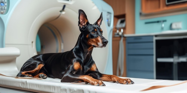 AI generativa Cane sul tavolo della clinica veterinaria durante l'esame di risonanza magnetica in un ospedale di chirurgia veterinaria