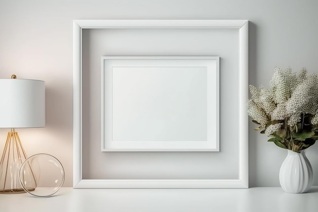 Ai generativa Cornice fotografica bianca sul tavolo in interno mockup il tuo design accessori modello vuoto