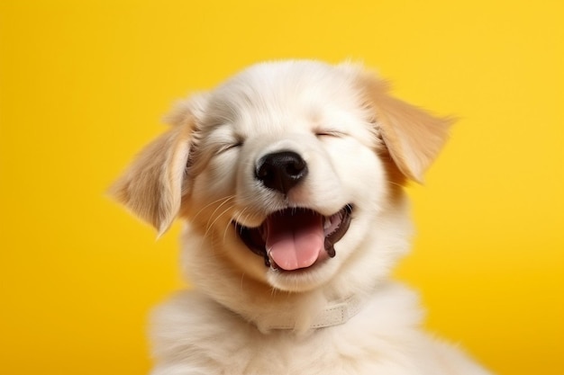 AI generativa Cucciolo di cane felice sorridente su sfondo giallo isolato