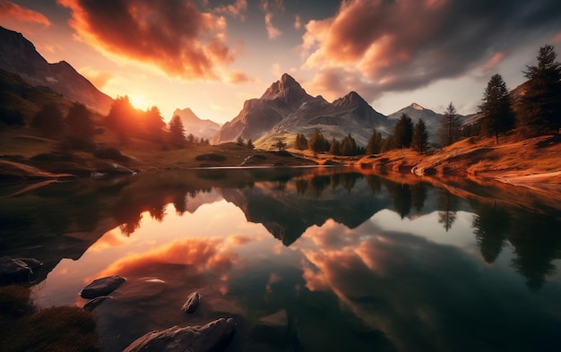 AI generativa del tramonto del lago di montagna austriaco
