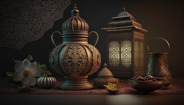 AI generativa dello sfondo di Ramadan Kareem con lanterne e fiori