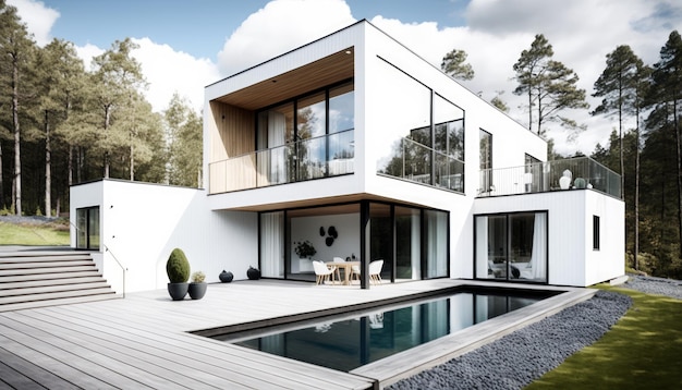 AI generativa di moderna casa accogliente a due piani con piscina e parcheggio
