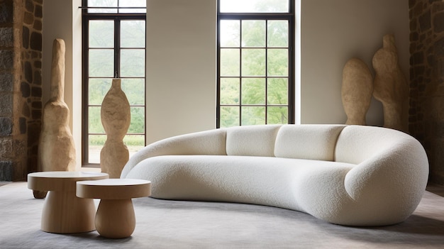 AI generativa Divano morbido e accogliente bianco Design degli interni del soggiorno caldo minimalismo in stile wabi sabi