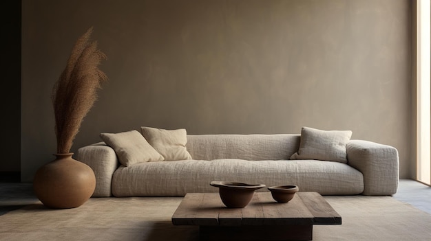 AI generativa Divano morbido e accogliente bianco Design degli interni del soggiorno caldo minimalismo in stile wabi sabi