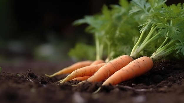 AI generativa Fila di carote fresche con foglie verdi sul terreno verdure in giardino