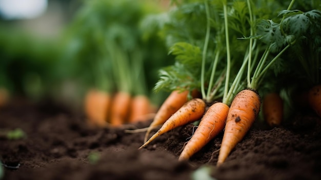 AI generativa Fila di carote fresche con foglie verdi sul terreno verdure in giardino