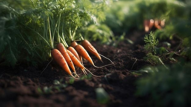 AI generativa Fila di carote fresche con foglie verdi sul terreno verdure in giardino