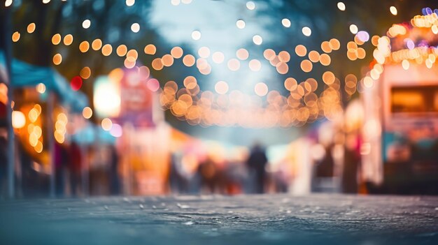 AI generativa Food truck street festival luci sfocate sfondo bokeh atmosferico colori disattivati