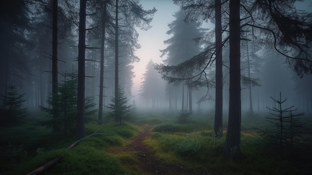 AI generativa Foresta di abeti nebbiosi bellissimo paesaggio in montagne nebbiose stile retrò vintage hipster