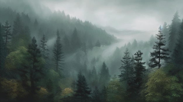 AI generativa Foresta di abeti nebbiosi bellissimo paesaggio in montagne nebbiose stile retrò vintage hipster
