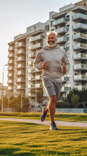 AI generativa Foto a figura intera di uno sportivo in pensione sorridente e felice con indosso abiti sportivi e cuffie doi