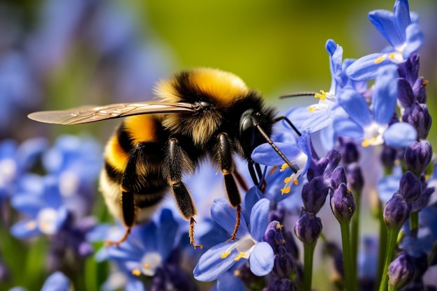 AI generativa Foto macro di un calabrone dalla coda buffa che impollina e raccoglie nettare su un blu