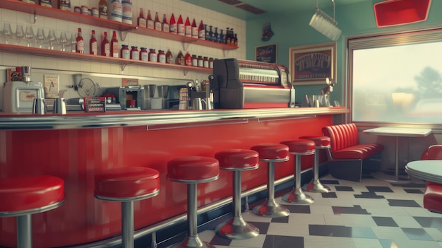 AI generativa Foto vintage di un caffè rosso americano degli anni '50 retro interior designx