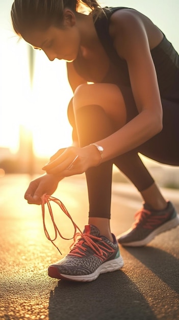 AI generativa Giovane donna che fa jogging a tutto corpo con le cuffie che allacciano i lacci sulle scarpe da ginnastica durante la preparazione