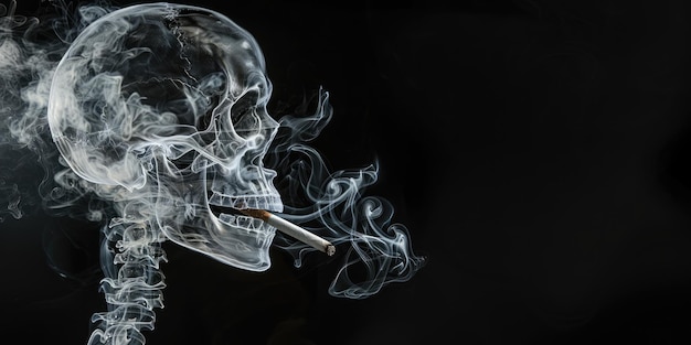 AI generativa Il cranio umano sta fumando su uno sfondo scuro nessun concetto di fumo