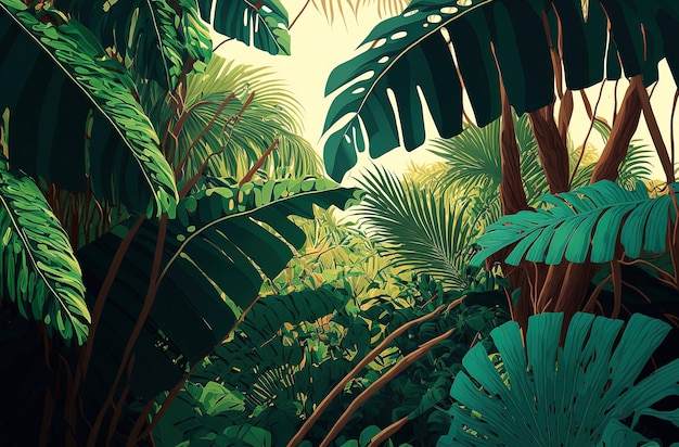 AI generativa Illustrazione dello sfondo Foglie di palma tropicali colorate