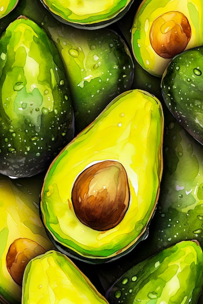 AI generativa Illustrazione di sfondo di avocado freschi in stile illustrativo minimalista Arte digitale Cibo sano