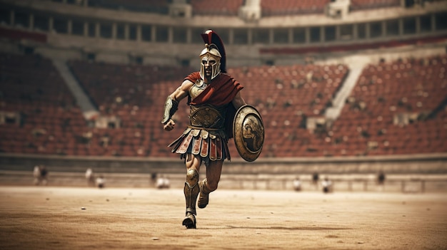 AI generativa Illustrazione realistica del feroce gladiatore che attacca in esecuzione Gladiatore romano corazzato