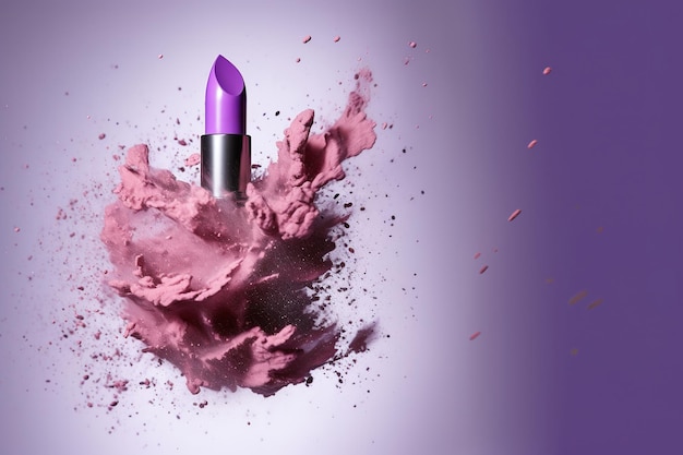 AI generativa La polvere di rossetto viola schizza e fuma su sfondo viola