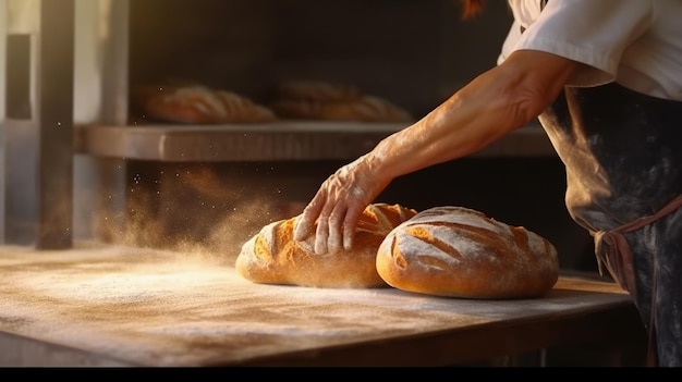 AI generativa Le mani del fornaio nel ristorante o nella cucina di casa preparano pasticcinix9o pane ecologicamente naturali