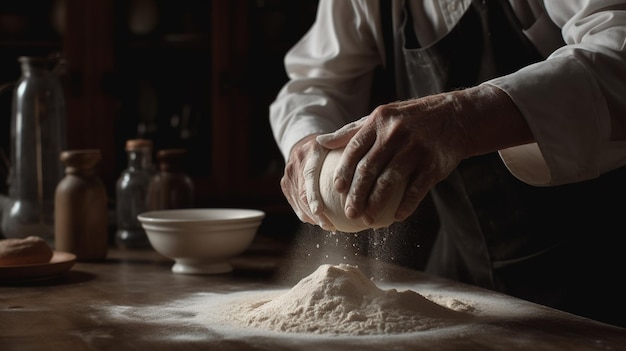 AI generativa Le mani del panettiere nel ristorante o nella cucina domestica preparano pasticcini ecologicamente naturali