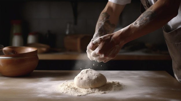 AI generativa Le mani del panettiere nel ristorante o nella cucina domestica preparano pasticcini ecologicamente naturali