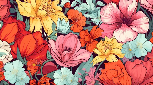 AI generativa Motivo floreale colorato sfondo di piante e fiori naturali Illustrazione psichedelica Ornamento del fogliame