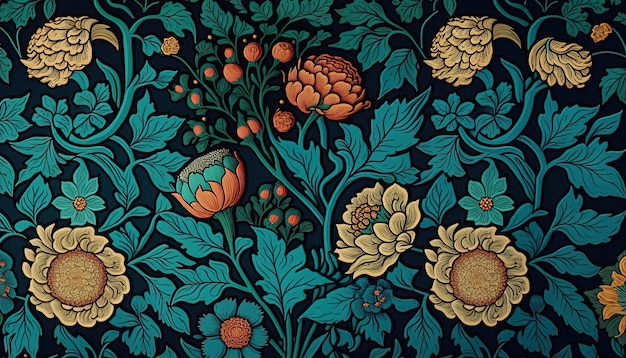AI generativa Motivo floreale colorato William Morris ha ispirato lo sfondo di piante e fiori naturali