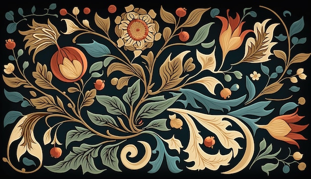 AI generativa Motivo floreale colorato William Morris ha ispirato lo sfondo di piante e fiori naturali