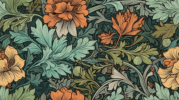 AI generativa Motivo floreale colorato William Morris ha ispirato lo sfondo di piante e fiori naturali