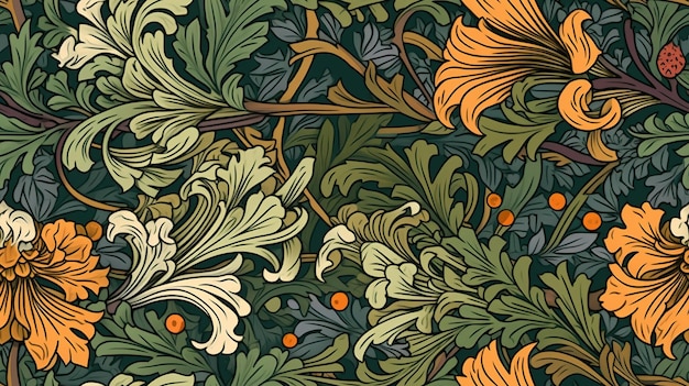 AI generativa Motivo floreale colorato William Morris ha ispirato lo sfondo di piante e fiori naturali