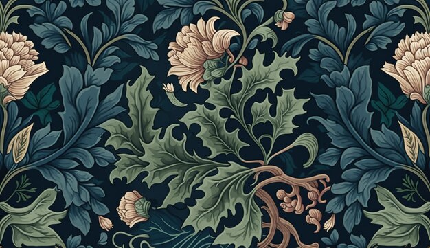 AI generativa Motivo floreale colorato William Morris ha ispirato lo sfondo di piante e fiori naturali