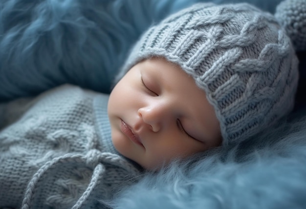 AI generativa Neonato felice e carino con un berretto di maglia blu che dorme in un cestino