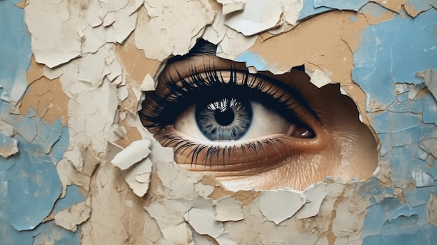AI generativa Occhio di donna che guarda attraverso un buco strappato nel murale di carta vintage blu e beige