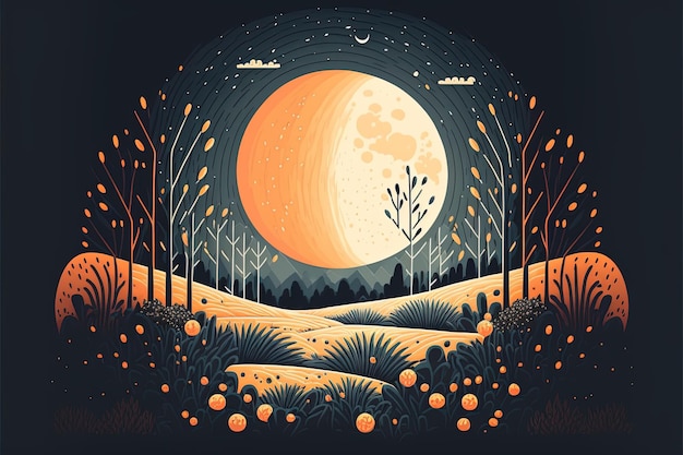 AI generativa Paesaggio con nuvole di luna piena erba alberi stelle e foresta notturna