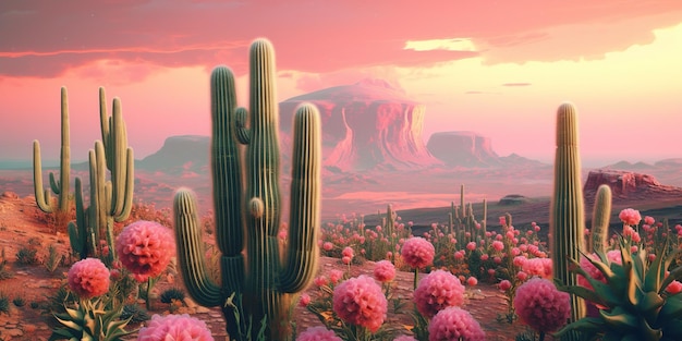 AI generativa paesaggio psichedelico e surreale con cactus nel deserto Paesaggio del selvaggio ovest