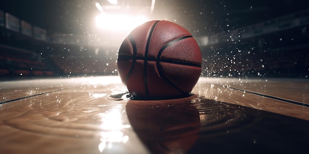 AI generativa Palla da basket sul campo con spruzzi d'acqua e foto in primo piano della luce del sole