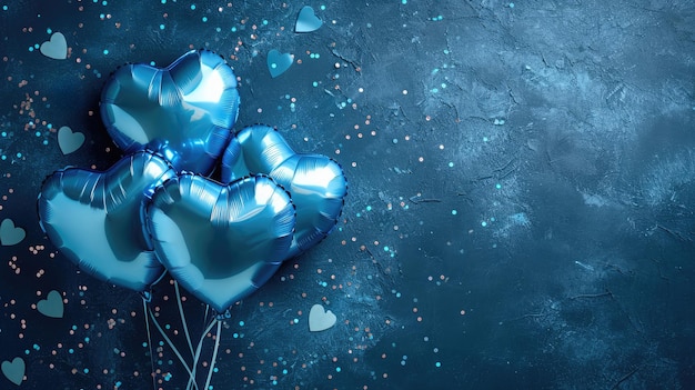AI generativa Palloncini blu foil a forma di cuore e coriandoli per San Valentino o matrimonio con copia spaziox9xA