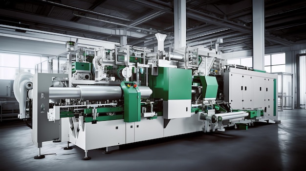 AI generativa Parte di una macchina automatica per la fabbricazione di sacchetti di plastica con film verde di polietilene piatto all'esposizione