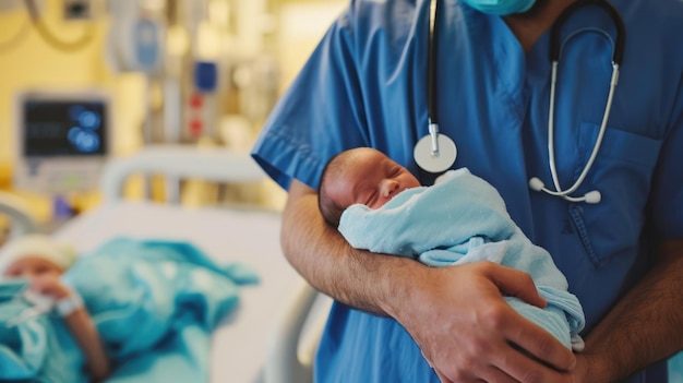 AI generativa Pediatra medico che tiene un neonato in ospedale concetto di parto e professionisti sanitari