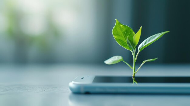 AI generativa Pianta che cresce dallo schermo dello smartphone Concetto di ecologia e ambiente