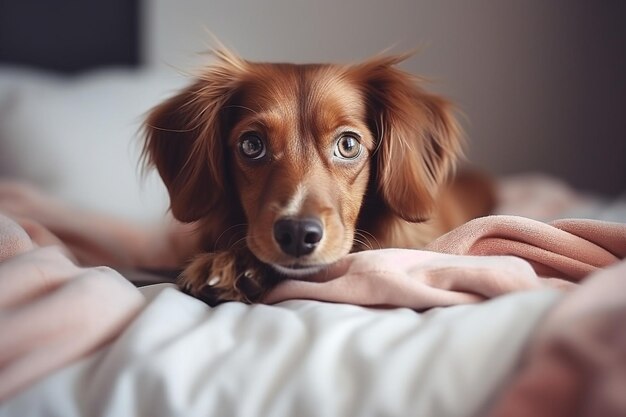 AI generativa Piccolo cane marrone sdraiato sul letto bianco accanto alla ragazza che usa il portatile al mattino e l